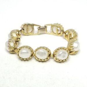 Vintage Faux Pearl and Gold Tone Panel Link Bracelet, Retro 80s 90s Style